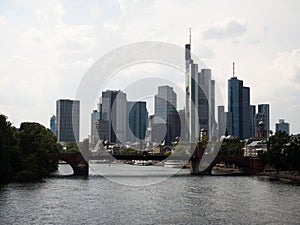 Panorama of skyline skyscraper cityscape of Frankfurt am Main downtown from Floesserbruecke Bridge Hesse Germany Europe