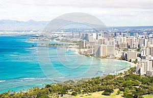 Panorama skyline view of Honolulu city and Waikiki beach in the pacific island of Oahu in Hawaii - Postcard from Diamond Head