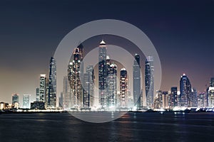 Panorama of skyscrapers in Dubai Marina, sunset time