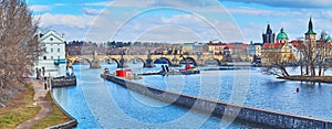 Panorama of Smichov river lock on Vltava River, Prague, Czechia photo