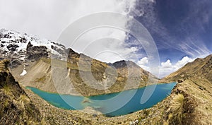 Panorama of snow-covered Andes mountains and blue lake