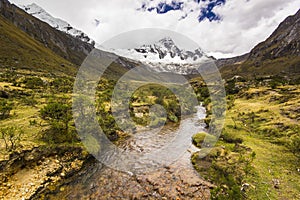 Panorama of snow-covered Andes mountains and river