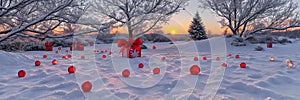 Panorama of the snow-covered forest on the eve of the substance with Christmas trees. Frost in the woods on Christmas Eve,