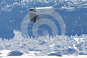 Panorama of Snow Holes With Labska Bouda, Giant Mountains Beautiful snowy winter landscape of Labsky dul, Elbe valley, Czech