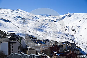 Panorama of snow mountain landscape with blue sky