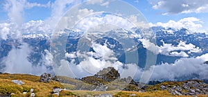 Panorama of the snow mountain landscape over the Swiss Alps on the Glattalp