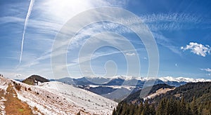 Panorama of Snow Mountain Range Landscape with Blue Sky