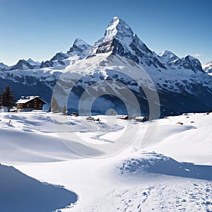 Panorama of Snow Mountain Range Landscape with Blue Sky at Matterhorn Peak Alps Region Switzerland made with