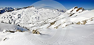 Panorama of snow mountains winter landscape on sunny day. Ifen, Bavaria.