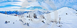 Panorama of snowy Dachstein Alps, Feuerkogel Mountain, Ebensee, Salzkammergut, Austria