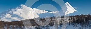 Panorama of snowy fjords and mountain range, Senja, Norway Amazing Norway nature seascape popular tourist attraction.