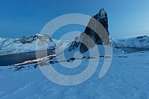 Panorama of snowy fjords and mountain range, Senja, Norway Amazing Norway nature seascape popular tourist attraction.