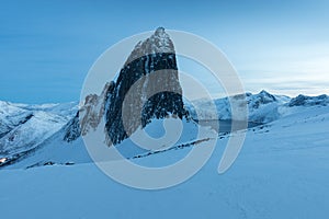 Panorama of snowy fjords and mountain range, Senja, Norway Amazing Norway nature seascape popular tourist attraction.