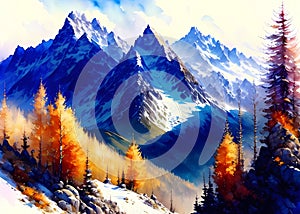 Panorama with snowy mountains - AI generated art