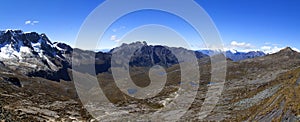 Panorama of snowy mountains and valley in the Cordillera Blanca Mountain range along the popular Santa Cruz Trek near Huaraz in Pe