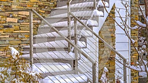 Panorama Snowy outdoor stairs of home in Daybreak Utah