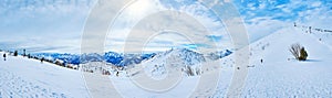 Panorama with snowy valley of Feuerkogel Mountain plateau, Ebensee, Salzkammergut, Austria