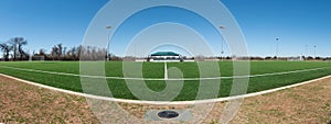 Panorama of a soccer pitch from a low perspective