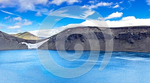 Panorama of Spectacular crater lake in Iceland. Hnausapollur BlÃ¡hylur or Blue Pool crater lake. Fjallabak. Iceland