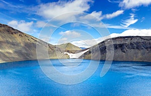 Panorama of Spectacular crater lake in Iceland. Hnausapollur BlÃ¡hylur or Blue Pool crater lake. Iceland