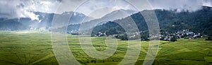 Panorama of spider web rice field in Ruteng.