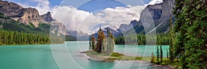 Panorama of Spirit island in Maligne lake, Jasper National Park, Alberta, Rocky Mountains Canada photo