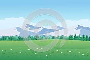 Panorama of spring summer beautiful nature, green grasslands meadow, forest, and mountains on horizon background landscape vector