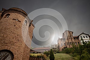 Panorama of the Srediste Monastery at dusk. Manastir Srediste a Serbian orthodox monastery of the Vrsacki Breg mountain and park,