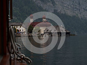 Panorama of St Bartholomew Bartholoma pilgrimage church on lake Konigssee Koenigssee Berchtesgaden Bavaria Germany alps