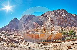 Panorama of St Catherine monastery and rocky mountain range, Sin