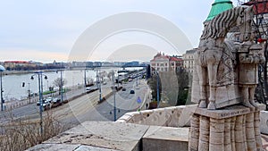 Panorama with St Stephen statue and Danube embankment, Budapest, Hungary