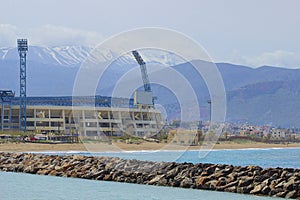 Panorama of stadium and mountains in Crete, Greece