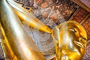 Panorama of statue of Reclining Buddha in temple Wat Pho, Bangkok