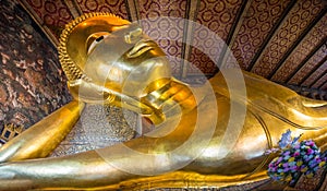 Panorama of statue of Reclining Buddha in temple Wat Pho, Bangkok