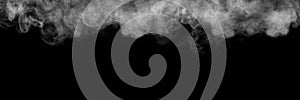 Panorama of steam, smoke, gas isolated on a black background. Swirling, writhing smoke to overlay