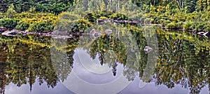 Panorama of still river Current with deep reflections, Thunder Bay, ON, Canada