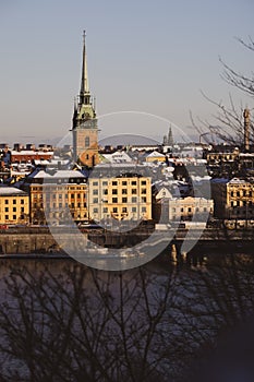 Panorama of Stockholm city on a sunny winter day photographed from the hilltop.
