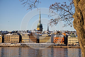 Panorama of Stockholm city on a sunny winter day photographed from the island.