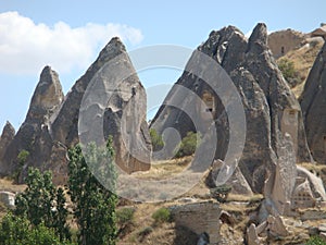 Panorama of strange form rocks of the natural park of Goreme in Capadoccia in Turkey.