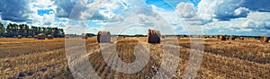 Panorama of straw bales in empty field after harvesting time on a background of dark dramatic clouds in overcast sky.