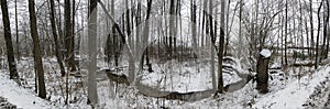 Panorama of stream running through snow covered forest. Nature, jacket. Depressed mood concept