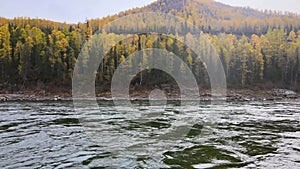 panorama of the stream of a wide mountain river from left to right, around the mountain and autumn forest