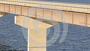 Panorama Stringer bridge with scenic view of blue water and snowy terrain in winter