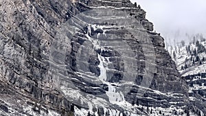 Panorama Stunning Bridal Veil Falls in Provo Canyon with frozen water on the rugged slope