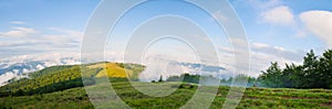 Panorama of the summer mountains with clouds of fog. Carpathians