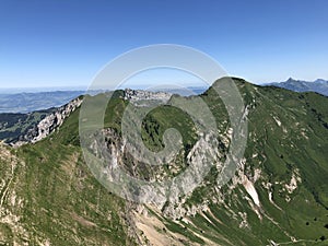 Panorama from the summit of Schiberg situated between the Alpine valleys Oberseetal and Wagital Waegital or WÃ¤gital, Innerthal