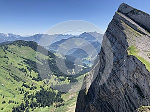 Panorama from the summit of Schiberg situated between the Alpine valleys Oberseetal and Wagital Waegital or WÃ¤gital, Innerthal