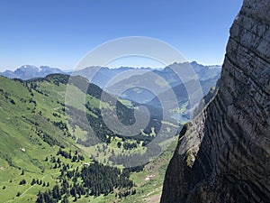 Panorama from the summit of Schiberg situated between the Alpine valleys Oberseetal and Wagital Waegital or WÃ¤gital, Innerthal