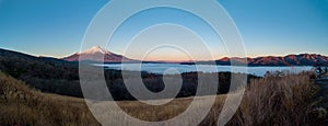 Panorama of sunrise with mountain Fuji view from Panorama Dai view point, Lake Yamanaka, Japan