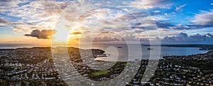 Panorama of Sunrise over Torquay from a drone, Devon, England, Europe